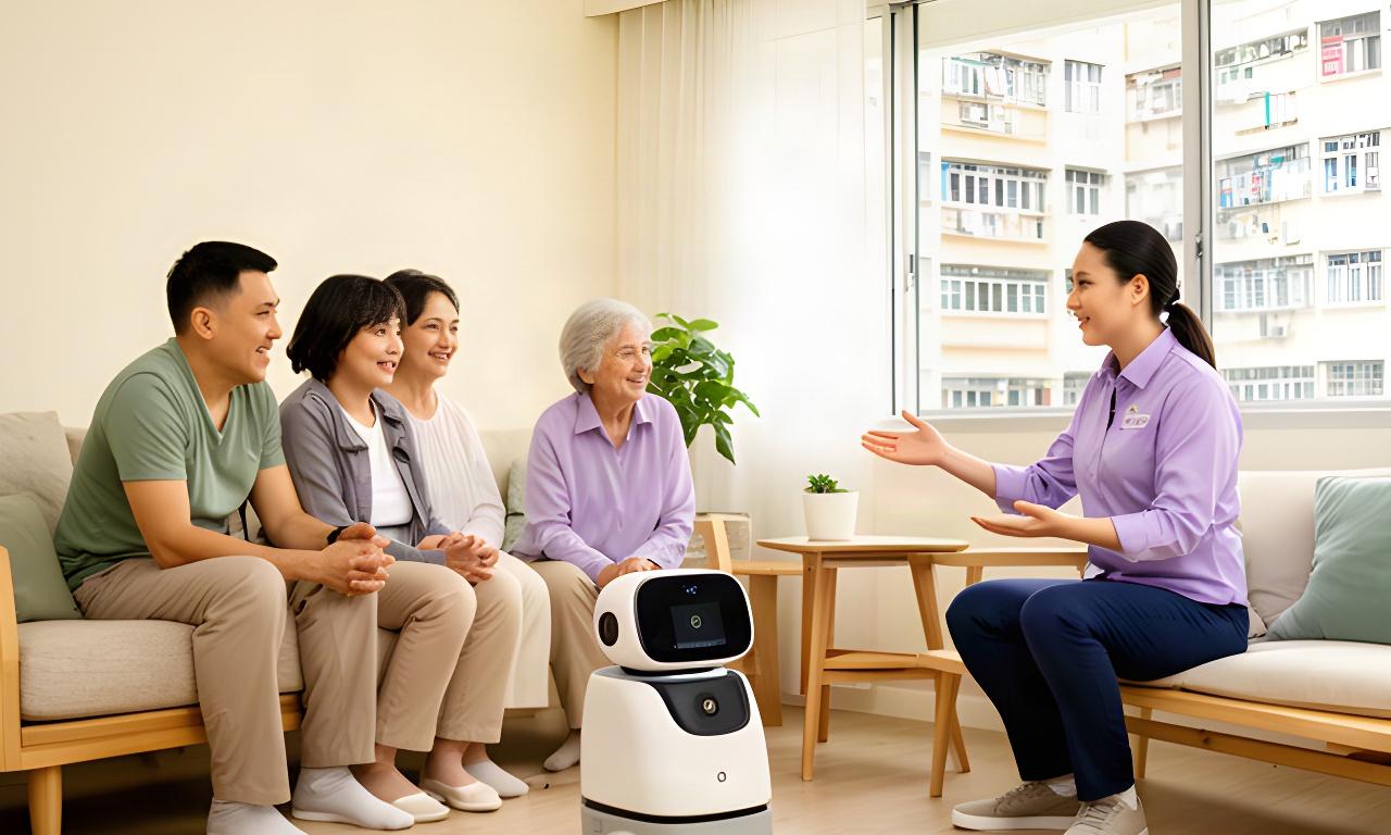 Singapore family speaking with a home robotics specialist beside a compact assistive robot in a bright HDB living room
