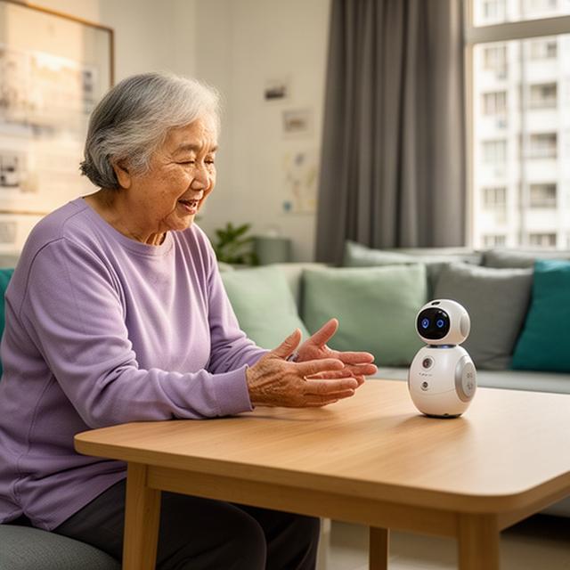 An older adult using a small companion robot near a table in a tidy HDB living room