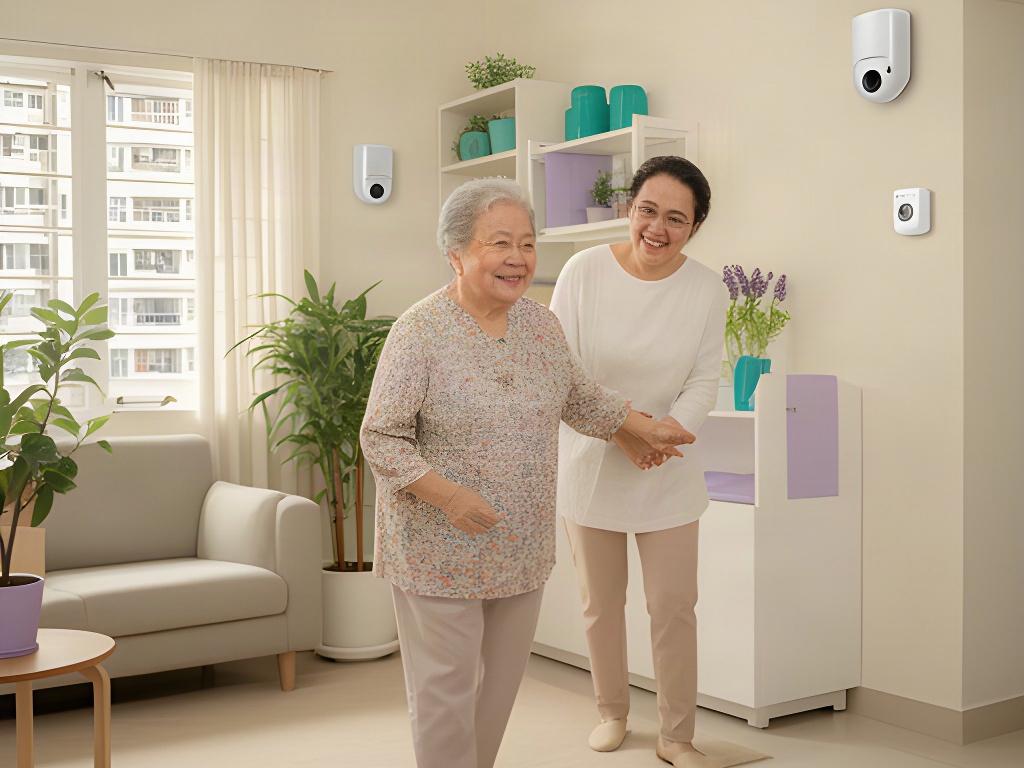 Older woman moving through a bright Singapore HDB living room with a family member nearby and discreet home sensors