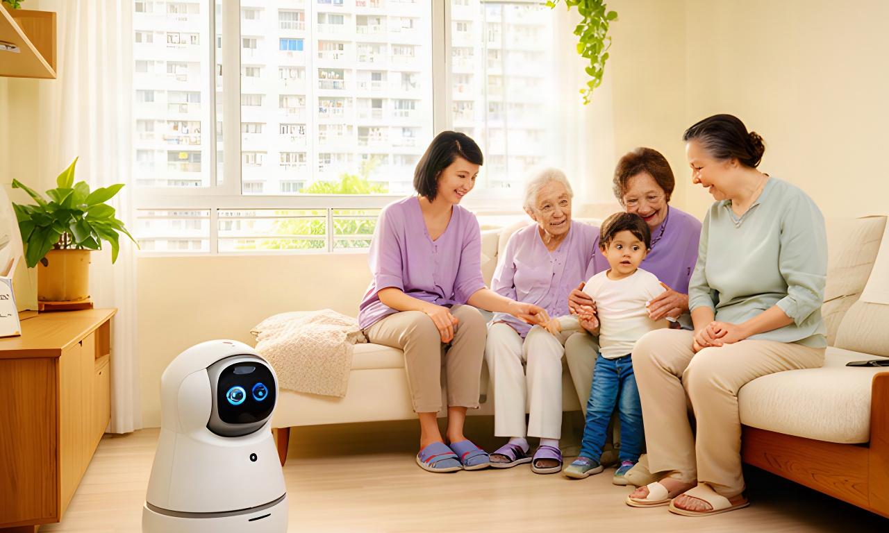 A multigenerational Singapore family at home beside a small companion robot in a bright HDB living room