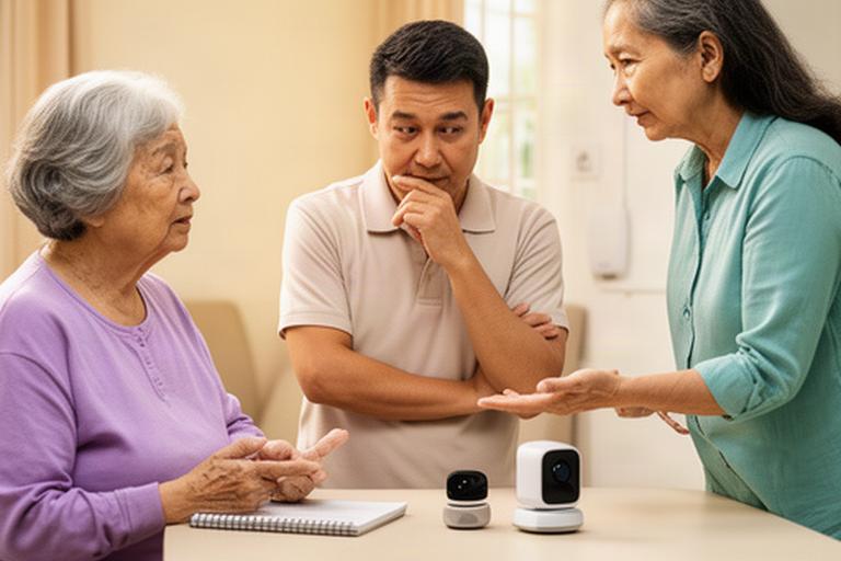 A Singapore home robotics specialist discussing a compact sensor setup with an older resident and family caregiver