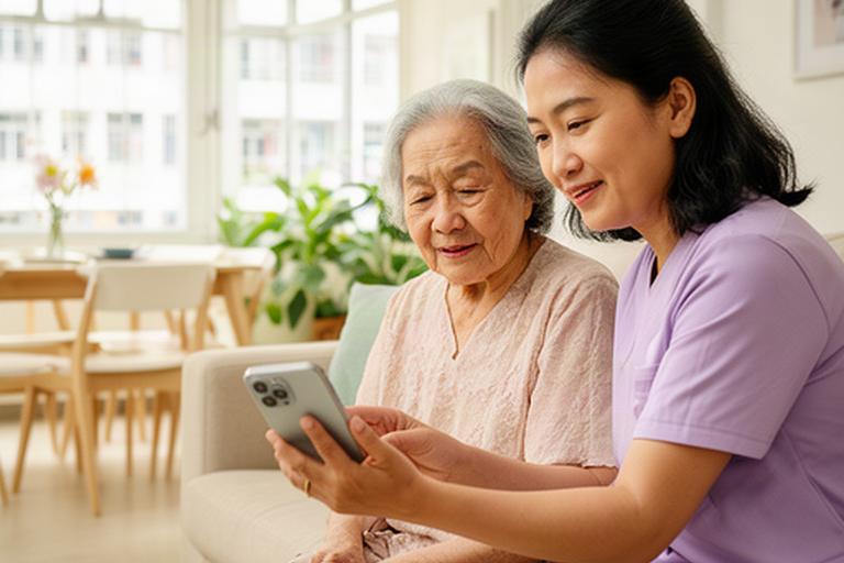 Adult daughter sitting with her elderly mother in a bright Singapore HDB living room, reviewing a phone together